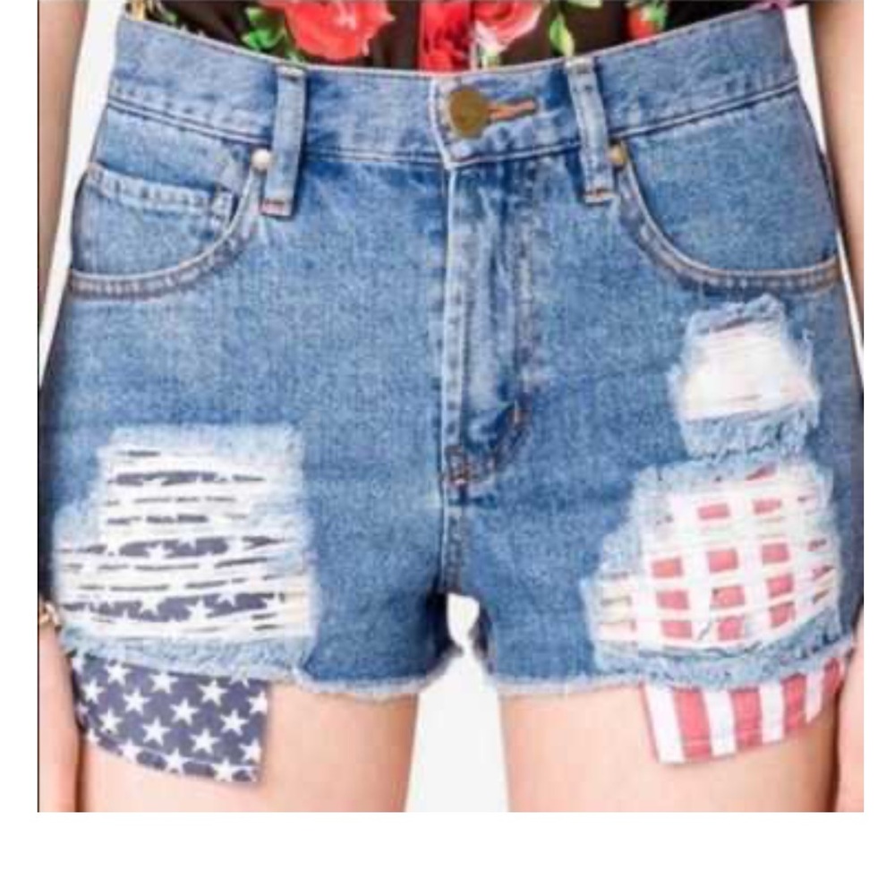 F21 Red White Blue Jean American Flag Patriotic Distressed Denim Shorts 30